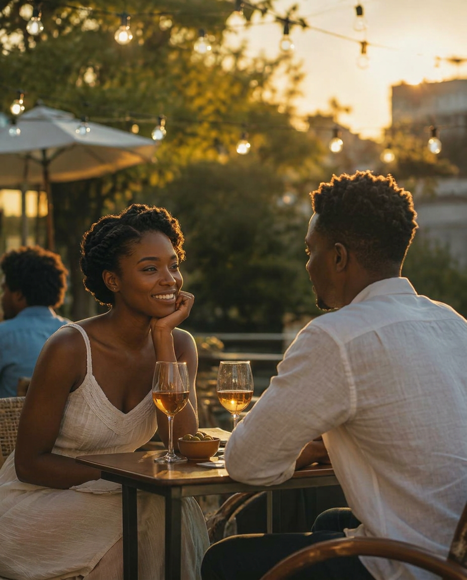 Couple relaxing at an outdoor cafe in the evening