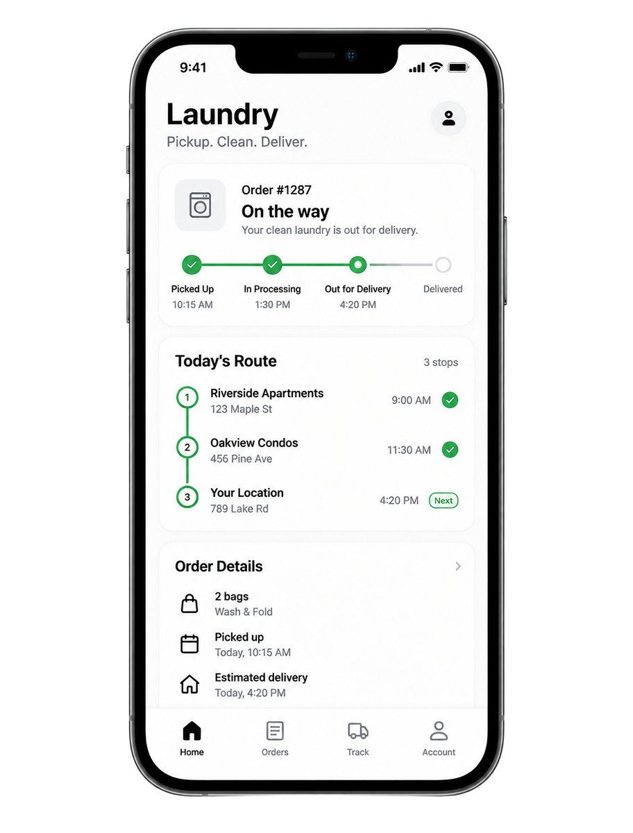 Laundry Agent mobile app showing delivery route and order status