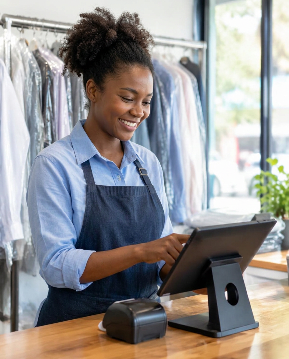 Laundry owner using a counter terminal