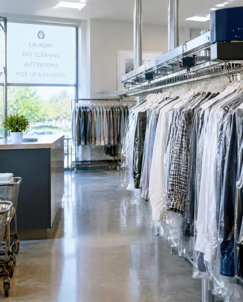Organised laundry shop with pressed garments on a conveyor rail